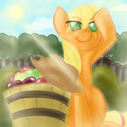 Size: 1000x1000 | Tagged: safe, artist:lourita-shine, derpibooru import, applejack, earth pony, pony, apple, female, food, image, png, solo, sun, tree