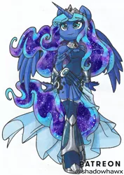 Size: 851x1200 | Tagged: safe, artist:shadowhawx, derpibooru import, princess luna, alicorn, anthro, clothes, dress, image, jpeg, smiling, solo, spread wings, traditional art, wings