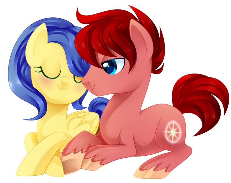 Size: 1024x811 | Tagged: safe, artist:xnightmelody, derpibooru import, oc, oc:north star, oc:wineberry, unofficial characters only, earth pony, pegasus, pony, commission, commissioner:kirbs2002, duo, earth pony oc, eyes closed, female, image, male, oc x oc, pegasus oc, png, shipping, simple background, smiling, stallion, straight, transparent background, wings