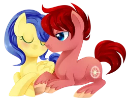 Size: 1024x811 | Tagged: safe, artist:xnightmelody, derpibooru import, oc, oc:north star, oc:wineberry, unofficial characters only, earth pony, pegasus, pony, commission, commissioner:kirbs2002, duo, earth pony oc, eyes closed, female, image, male, oc x oc, pegasus oc, png, shipping, simple background, smiling, stallion, straight, transparent background, wings