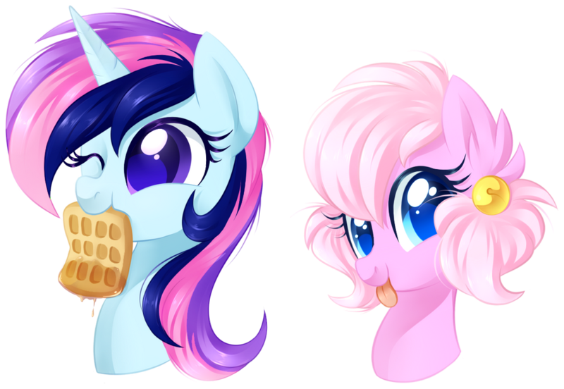 Size: 1024x706 | Tagged: safe, artist:xnightmelody, derpibooru import, oc, oc:brightstar lumiere, unofficial characters only, pony, unicorn, bust, duo, female, food, horn, image, mouth hold, one eye closed, png, simple background, syrup, tongue out, transparent background, unicorn oc, waffle