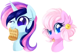 Size: 1024x706 | Tagged: safe, artist:xnightmelody, derpibooru import, oc, oc:brightstar lumiere, unofficial characters only, pony, unicorn, bust, duo, female, food, horn, image, mouth hold, one eye closed, png, simple background, syrup, tongue out, transparent background, unicorn oc, waffle