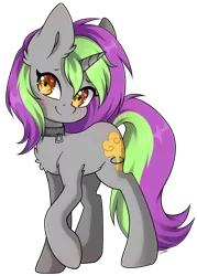 Size: 3299x4608 | Tagged: safe, artist:torihime, derpibooru import, oc, oc:frenzy nuke, unofficial characters only, pony, unicorn, chest fluff, collar, cute, female, image, looking at you, mare, png, raised hoof, simple background, solo, transparent background