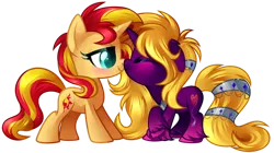 Size: 1024x574 | Tagged: safe, artist:xnightmelody, derpibooru import, sunset shimmer, oc, pony, unicorn, blushing, canon x oc, duo, eyes closed, female, horn, image, kissing, lesbian, png, simple background, transparent background, unicorn oc