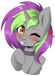 Size: 3311x4548 | Tagged: safe, artist:torihime, derpibooru import, oc, oc:frenzy nuke, unofficial characters only, pony, unicorn, blushing, collar, cute, female, heart, heart eyes, image, looking at you, mare, one eye closed, png, simple background, smiling, smiling at you, solo, solo female, transparent background, wingding eyes, wink, winking at you