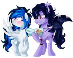 Size: 1024x816 | Tagged: safe, artist:xnightmelody, derpibooru import, oc, unofficial characters only, bat pony, pegasus, pony, bat pony oc, bat wings, blushing, duo, gay, image, magazine, male, pegasus oc, png, simple background, stallion, transparent background, wings