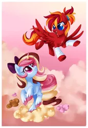 Size: 1024x1488 | Tagged: safe, artist:xnightmelody, derpibooru import, oc, oc:fire strike, oc:neigh-apolitan, unofficial characters only, pegasus, pony, unicorn, cloud, duo, female, heart eyes, horn, image, jpeg, pegasus oc, unicorn oc, wingding eyes, wings