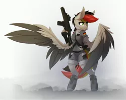 Size: 4096x3259 | Tagged: safe, alternate version, artist:n_thing, derpibooru import, oc, oc:anja snow, unofficial characters only, anthro, pegasus, unguligrade anthro, anthro oc, assault rifle, belt, big ears, breasts, cheek fluff, clothes, colored wings, elbow fluff, eyebrows, eyebrows visible through hair, eyelashes, fang out, fangs, fingerless gloves, flag, gloves, gray coat, green eyes, ground, gun, hand on hip, high res, hock fluff, hoof shoes, image, jpeg, large wings, looking sideways, military pony, military uniform, multicolored hair, multicolored tail, pegasus oc, pocket, rifle, scope, shorts, signature, solo, spread wings, tail, two toned wings, uniform, weapon, wings