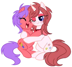 Size: 1024x954 | Tagged: safe, artist:xnightmelody, derpibooru import, oc, oc:lilly, oc:nicole colours, unofficial characters only, pony, unicorn, blushing, cute, duo, duo female, eyes closed, female, hooves, horn, hug, image, mare, mother and child, mother and daughter, ocbetes, one eye closed, open mouth, open smile, png, simple background, smiling, tail, transparent background, unicorn oc