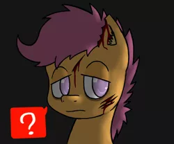 Size: 734x612 | Tagged: semi-grimdark, artist:arkypony, derpibooru import, scootaloo, pegasus, pony, undead, zombie, bleeding, blood, cut, female, filly, foal, frown, gray background, image, lidded eyes, messy mane, png, question mark, simple background, torn ear, tumblr, tumblr:ask zombie scoots, zombie scoots