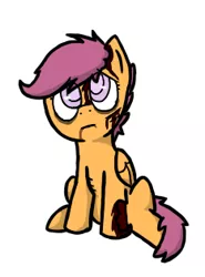 Size: 233x315 | Tagged: safe, artist:arkypony, derpibooru import, scootaloo, pegasus, pony, undead, zombie, bleeding, blood, cut, female, filly, foal, image, looking up, messy mane, messy tail, png, simple background, sitting, solo, tail, torn ear, tumblr:ask zombie scoots, white background, zombie scoots