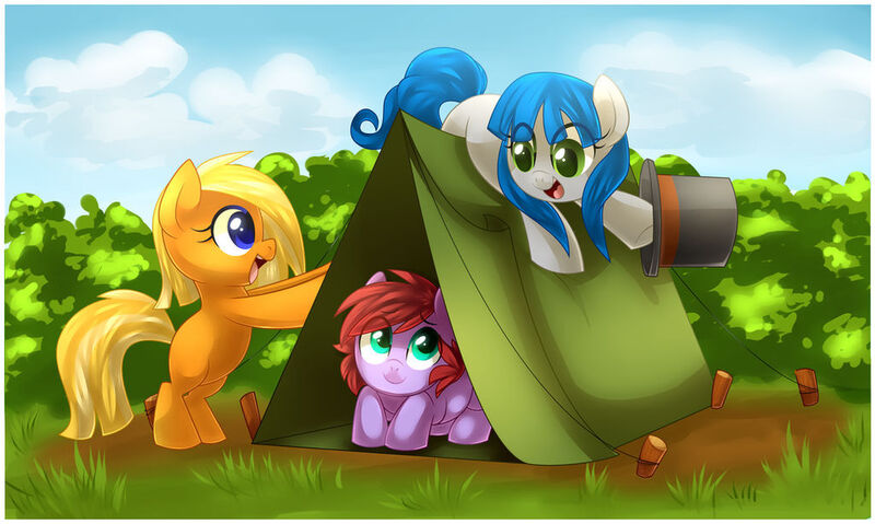Size: 1024x613 | Tagged: safe, artist:xnightmelody, derpibooru import, oc, unofficial characters only, earth pony, pony, camping, earth pony oc, female, filly, foal, grass, hat, image, jpeg, tent, top hat, trio