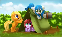 Size: 1024x613 | Tagged: safe, artist:xnightmelody, derpibooru import, oc, unofficial characters only, earth pony, pony, camping, earth pony oc, female, filly, foal, grass, hat, image, jpeg, tent, top hat, trio