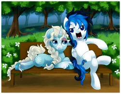 Size: 1024x800 | Tagged: safe, artist:xnightmelody, derpibooru import, oc, unofficial characters only, pegasus, pony, unicorn, bench, commission, commissioner:snowspelll, duo, faic, female, horn, image, male, mare, oc x oc, open mouth, park, pegasus oc, png, shipping, stallion, tree, unicorn oc, wings