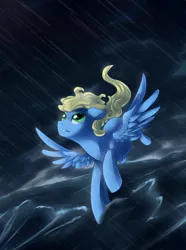 Size: 1024x1373 | Tagged: safe, artist:xnightmelody, derpibooru import, oc, unofficial characters only, pegasus, pony, flying, image, jpeg, ocean, pegasus oc, rain, solo, storm, water, wings