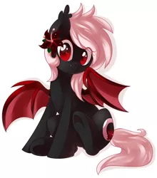 Size: 1024x1162 | Tagged: safe, artist:xnightmelody, derpibooru import, oc, unofficial characters only, bat pony, pony, bat pony oc, bat wings, female, flower, flower in hair, image, jpeg, mare, simple background, sitting, solo, white background, wings