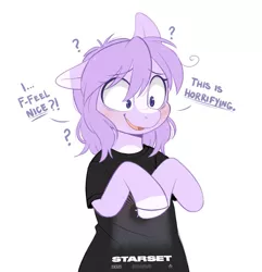 Size: 795x824 | Tagged: safe, artist:higgly-chan, derpibooru import, oc, oc:mio, unofficial characters only, earth pony, pony, alternate hairstyle, bipedal, clothes, dialogue, image, jpeg, question mark, shirt, solo, surprised, wide eyes