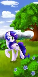 Size: 900x1800 | Tagged: safe, artist:xnightmelody, derpibooru import, oc, pony, unicorn, female, flower, flower in hair, grass, horn, image, mare, png, scenery, solo, tree, unicorn oc