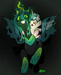 Size: 811x997 | Tagged: safe, artist:/d/non, derpibooru import, cozy glow, queen chrysalis, alicorn, changeling, pony, alicornified, black background, cozycorn, crown, glow, glowing eyes, green eyes, grin, image, jewelry, open mouth, open smile, png, ponies riding changelings, race swap, regalia, simple background, smiling