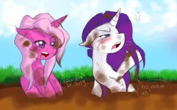 Size: 900x563 | Tagged: safe, artist:xnightmelody, derpibooru import, rarity, oc, pony, unicorn, cross-popping veins, duo, female, horn, image, jpeg, mare, mud, unicorn oc