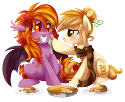 Size: 1024x836 | Tagged: safe, artist:xnightmelody, derpibooru import, oc, unofficial characters only, bat pony, earth pony, pony, bat pony oc, bat wings, clothes, duo, earth pony oc, female, food, image, leaves, mare, pie, png, scarf, simple background, smiling, striped scarf, transparent background, wings