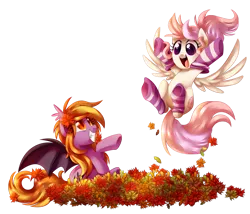 Size: 1024x878 | Tagged: safe, artist:xnightmelody, derpibooru import, oc, unofficial characters only, bat pony, pegasus, pony, bat pony oc, bat wings, clothes, cute, duo, female, image, jumping, leaf, leaf pile, leaves, mare, open mouth, pegasus oc, png, simple background, socks, striped socks, transparent background, wings