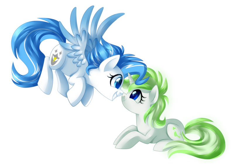 Size: 1024x732 | Tagged: safe, artist:xnightmelody, derpibooru import, oc, unofficial characters only, pegasus, pony, unicorn, duo, female, floating, grin, horn, image, lying down, mare, pegasus oc, png, prone, simple background, smiling, spread wings, transparent background, unicorn oc, wings