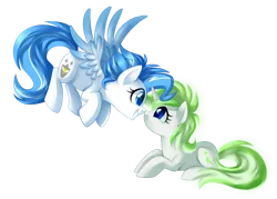 Size: 1024x732 | Tagged: safe, artist:xnightmelody, derpibooru import, oc, unofficial characters only, pegasus, pony, unicorn, duo, female, floating, grin, horn, image, lying down, mare, pegasus oc, png, prone, simple background, smiling, spread wings, transparent background, unicorn oc, wings