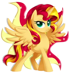 Size: 1024x1127 | Tagged: safe, artist:xnightmelody, derpibooru import, sunset shimmer, alicorn, pony, alicornified, cutie mark background, female, image, mare, png, race swap, shimmercorn, simple background, smiling, smirk, solo, spread wings, sunshine shimmer, transparent background, wings