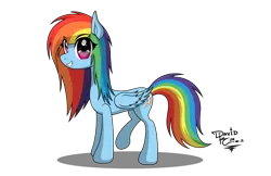 Size: 3400x2200 | Tagged: safe, artist:mcflurrylazermuffin, derpibooru import, rainbow dash, pegasus, pony, eye clipping through hair, eyebrows, eyebrows visible through hair, female, folded wings, full body, grin, high res, image, mare, png, raised leg, shading, shadow, signature, simple background, smiling, solo, standing, tail, transparent background, wings