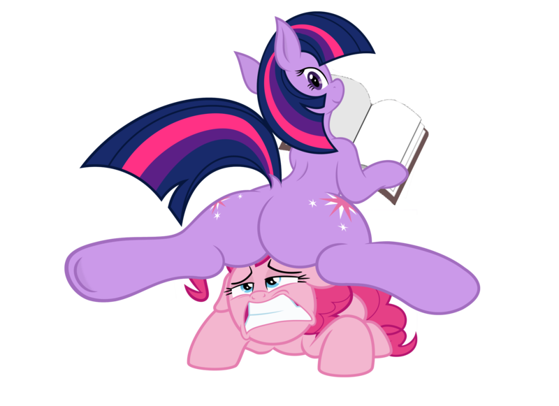 Size: 6000x4354 | Tagged: suggestive, derpibooru import, editor:rozyfly10, pinkie pie, twilight sparkle, earth pony, pony, unicorn, absurd resolution, book, both cutie marks, butt, dock, duo, duo female, female, gritted teeth, hoof hold, hooves, image, looking back, lying down, mare, plot, png, prone, raised tail, simple background, sitting, sitting on, sitting on pony, smiling, spread legs, spreading, tail, transparent background, twibutt, underhoof, unicorn twilight