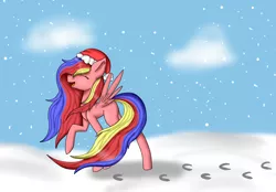 Size: 3600x2500 | Tagged: safe, artist:mintywaffle, derpibooru import, oc, unofficial characters only, pegasus, pony, christmas, female, hat, holiday, image, mare, open mouth, pegasus oc, png, santa hat, snow, solo, wings