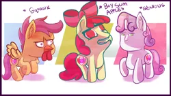 Size: 3257x1841 | Tagged: safe, artist:meepars, derpibooru import, apple bloom, scootaloo, sweetie belle, earth pony, pegasus, pony, unicorn, buy some apples, cutie mark crusaders, faic, female, filly, image, png, scootachicken, trio
