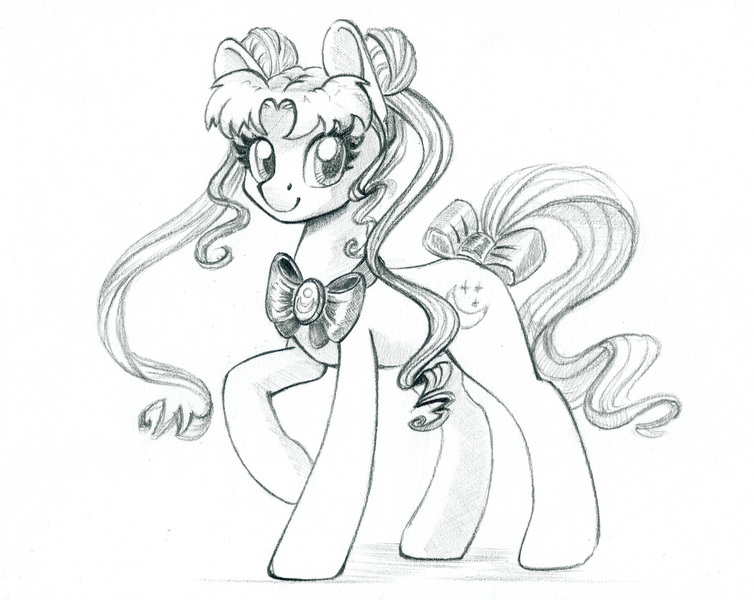 Size: 1093x870 | Tagged: safe, artist:maytee, derpibooru import, ponified, earth pony, pony, anime, bow, image, jpeg, monochrome, sailor moon, solo, tail, tail bow, traditional art, tsukino usagi