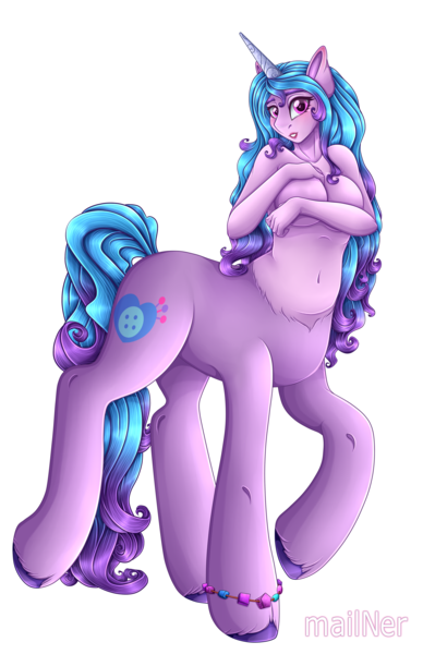 Size: 3793x5873 | Tagged: suggestive, artist:mailner, derpibooru import, izzy moonbow, anthro, centaur, taur, my little pony: a new generation, absurd resolution, anthro centaur, big breasts, breasts, centaurified, colored hooves, cute, female, g5, hooves, image, lipstick, looking at you, png, ponytaur, redesign, simple background, smiling, solo, species swap, transparent background