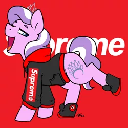 Size: 1000x1000 | Tagged: safe, artist:/d/non, derpibooru import, diamond tiara, earth pony, pony, clothes, female, filly, hoodie, image, jewelry, lifted leg, open mouth, png, red background, shoes, simple background, supreme, tiara