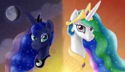 Size: 1043x599 | Tagged: safe, artist:inurantchan, derpibooru import, princess celestia, princess luna, alicorn, pony, bust, duo, female, image, moon, png, royal sisters, siblings, sisters, sun