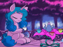 Size: 1280x960 | Tagged: safe, artist:hauntedtuba, derpibooru import, izzy moonbow, pony, unicorn, my little pony: a new generation, animated, cup, cute, food, g5, image, izzybetes, leaves, no sound, sitting, smiling, solo, tea, webm
