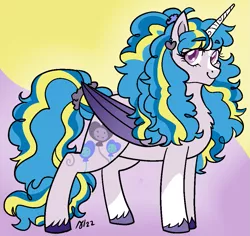 Size: 983x927 | Tagged: safe, artist:/d/non, derpibooru import, izzy moonbow, surprise, oc, alicorn, pony, alicorn oc, blaze (coat marking), blue hair, coat markings, colored wings, ear piercing, facial markings, fusion, g1, g5, horn, image, multicolored hair, piercing, png, scrunchie, smiling, socks (coat marking), unshorn fetlocks, wings