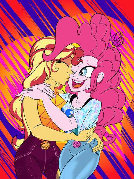 Size: 774x1032 | Tagged: safe, artist:malevolentsamson, derpibooru import, pinkie pie, sunset shimmer, equestria girls, duo, duo female, female, holiday, image, jpeg, kiss on the cheek, kissing, lesbian, shipping, sunsetpie, valentine's day