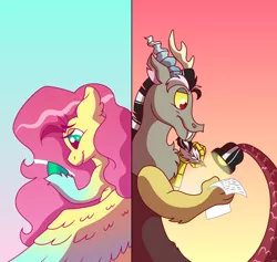 Size: 640x607 | Tagged: safe, artist:neon-night, derpibooru import, discord, fluttershy, draconequus, pegasus, pony, alternate design, image, letter, light, paper, png, sunlight