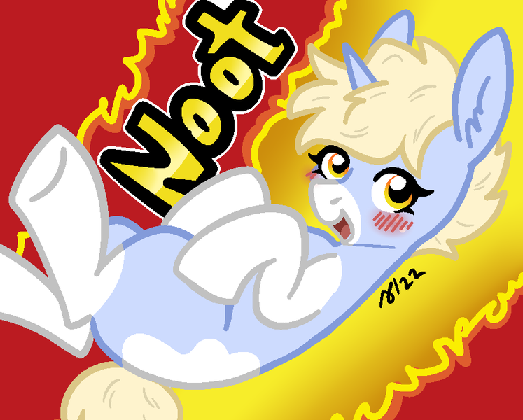 Size: 901x724 | Tagged: safe, artist:/d/non, derpibooru import, oc, oc:nootaz, unofficial characters only, pony, unicorn, blonde hair, blushing, cheetos, coat markings, image, open mouth, png, socks (coat marking), solo