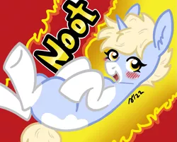 Size: 901x724 | Tagged: safe, artist:/d/non, derpibooru import, oc, oc:nootaz, unofficial characters only, pony, unicorn, blonde hair, blushing, cheetos, coat markings, image, open mouth, png, socks (coat marking), solo