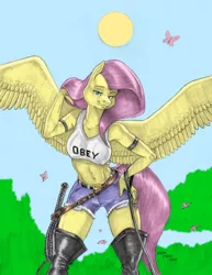 Size: 1000x1298 | Tagged: suggestive, artist:baron engel, color edit, derpibooru import, edit, fluttershy, anthro, butterfly, insect, pegasus, boots, breasts, clothes, colored, colored sketch, erect nipples, female, image, leather, leather boots, nipple outline, pencil drawing, png, shoes, solo, solo female, tanktop, traditional art
