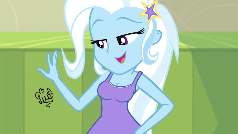 Size: 1280x720 | Tagged: safe, artist:flutteryaylove, derpibooru import, edit, edited screencap, screencap, trixie, equestria girls, equestria girls series, forgotten friendship, breasts, busty trixie, clothes, dress, image, png, smiling