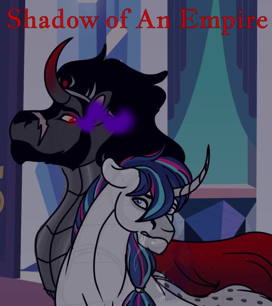 Size: 1576x1771 | Tagged: safe, artist:teonnakatztkgs, derpibooru import, king sombra, shining armor, pony, bust, cover art, duo, image, indoors, jpeg, male, scar, sombra eyes, stallion