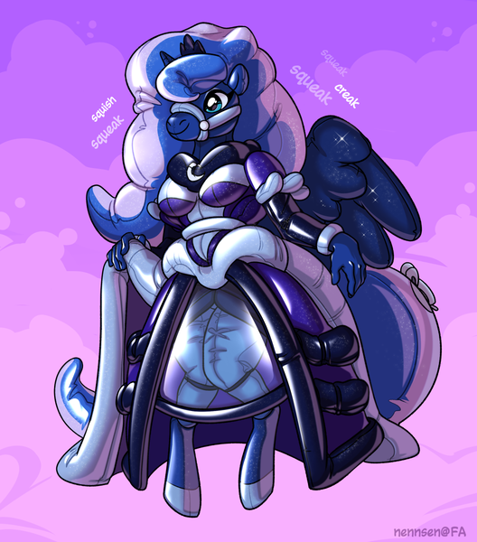 Size: 1056x1200 | Tagged: questionable, alternate version, artist:nennsen, derpibooru import, princess luna, alicorn, anthro, human, unguligrade anthro, air nozzle, bondage, breasts, clothes, commission, cosflation, costume, crown, decal, dress, encasement, female, fetish, glitter, gown, gradient background, hood, image, inflatable, inflatable fetish, inflatable suit, jewelry, latex, latex suit, onomatopoeia, pink background, png, pony costume, ponysuit, regalia, reins, rubber, rubber suit, see-through, shiny, signature, simple background, skirt, solo, solo female, spread wings, story included, tail, wings