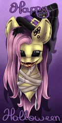 Size: 1741x3445 | Tagged: safe, artist:maneblue, derpibooru import, fluttershy, pegasus, pony, 2017, bandage, black sclera, blood, bust, ear fluff, female, gradient background, halloween, happy halloween, hat, holiday, image, mare, png, solo, witch hat