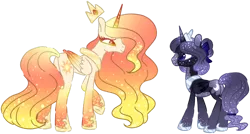 Size: 1280x685 | Tagged: safe, artist:elementbases, artist:maximumpiracy, derpibooru import, princess celestia, princess luna, oc, oc:aubade, oc:lunarian, alicorn, pony, base used, duo, female, image, jewelry, mare, png, redesign, simple background, tiara, transparent background