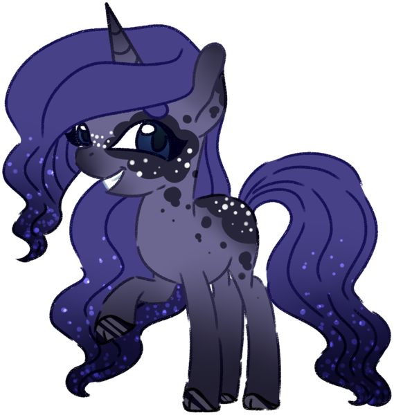 Size: 1181x1246 | Tagged: safe, artist:lanternomega, artist:maximumpiracy, derpibooru import, oc, oc:lunarian, unofficial characters only, pony, unicorn, base used, grin, horn, image, magical lesbian spawn, offspring, parent:amira, parent:princess luna, png, raised hoof, simple background, smiling, transparent background, unicorn oc